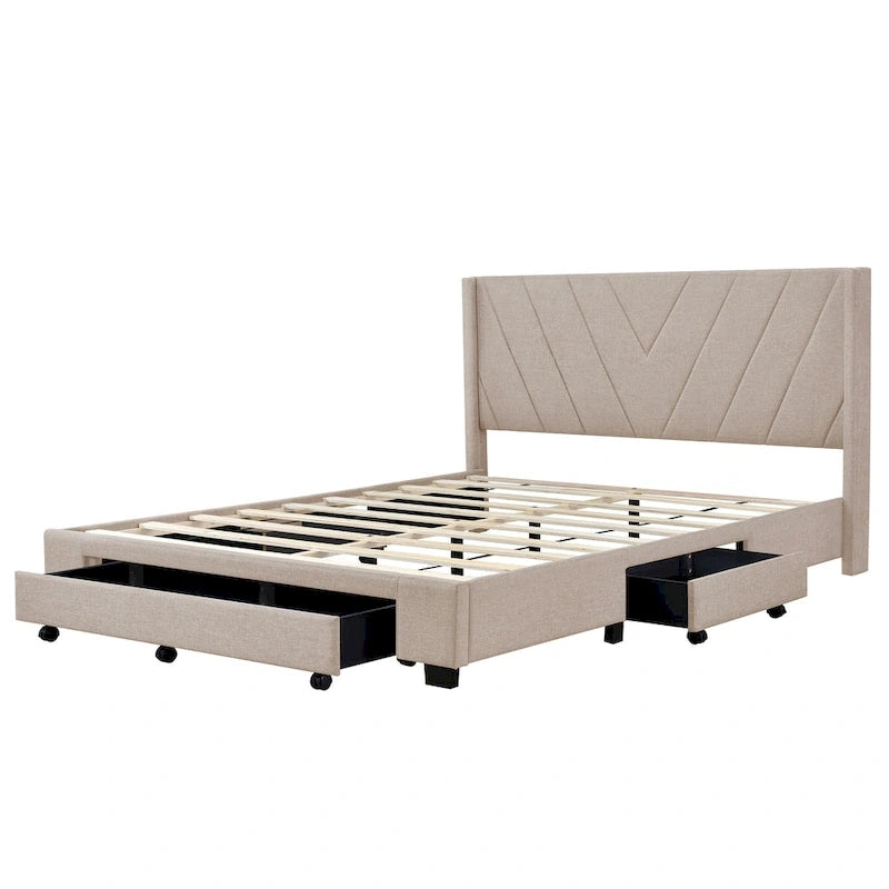 Lit traîneau Queen Size avec système de rangement hydraulique inclinable latéralement, revêtement en lin, beige