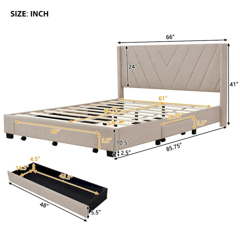 Lit traîneau Queen Size avec système de rangement hydraulique inclinable latéralement, revêtement en lin, beige