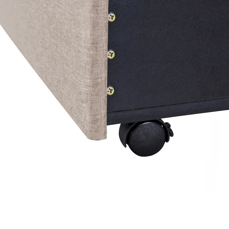 Lit traîneau Queen Size avec système de rangement hydraulique inclinable latéralement, revêtement en lin, beige