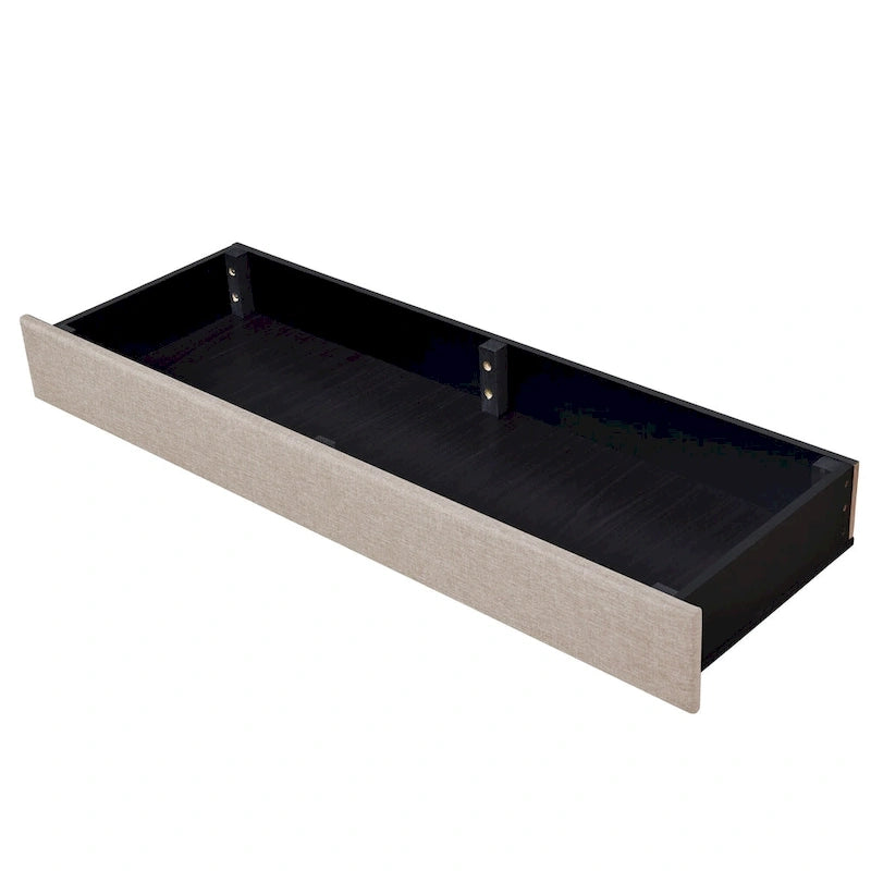 Lit traîneau Queen Size avec système de rangement hydraulique inclinable latéralement, revêtement en lin, beige