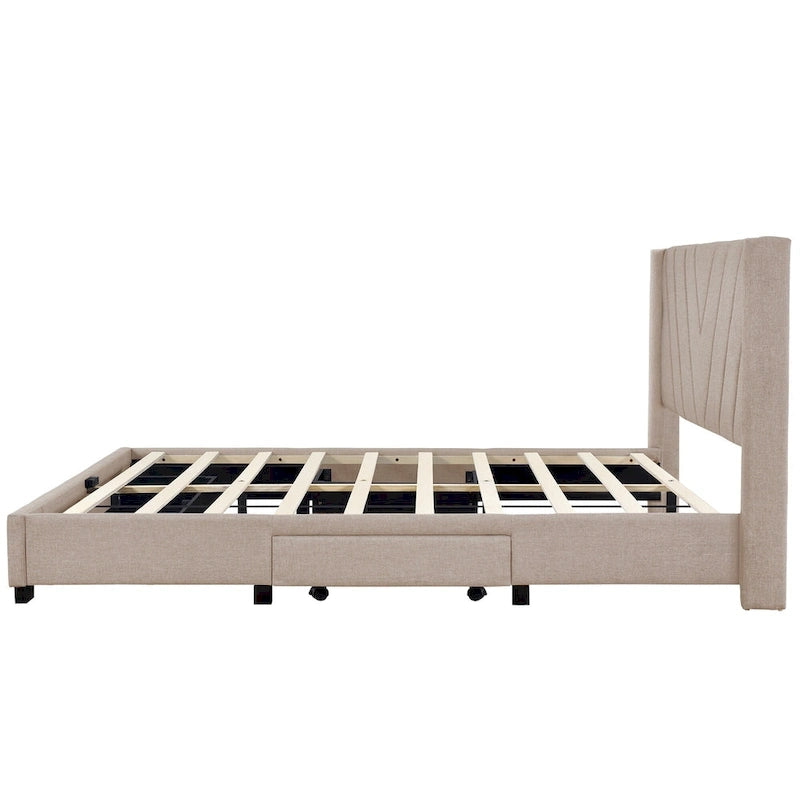 Lit traîneau Queen Size avec système de rangement hydraulique inclinable latéralement, revêtement en lin, beige