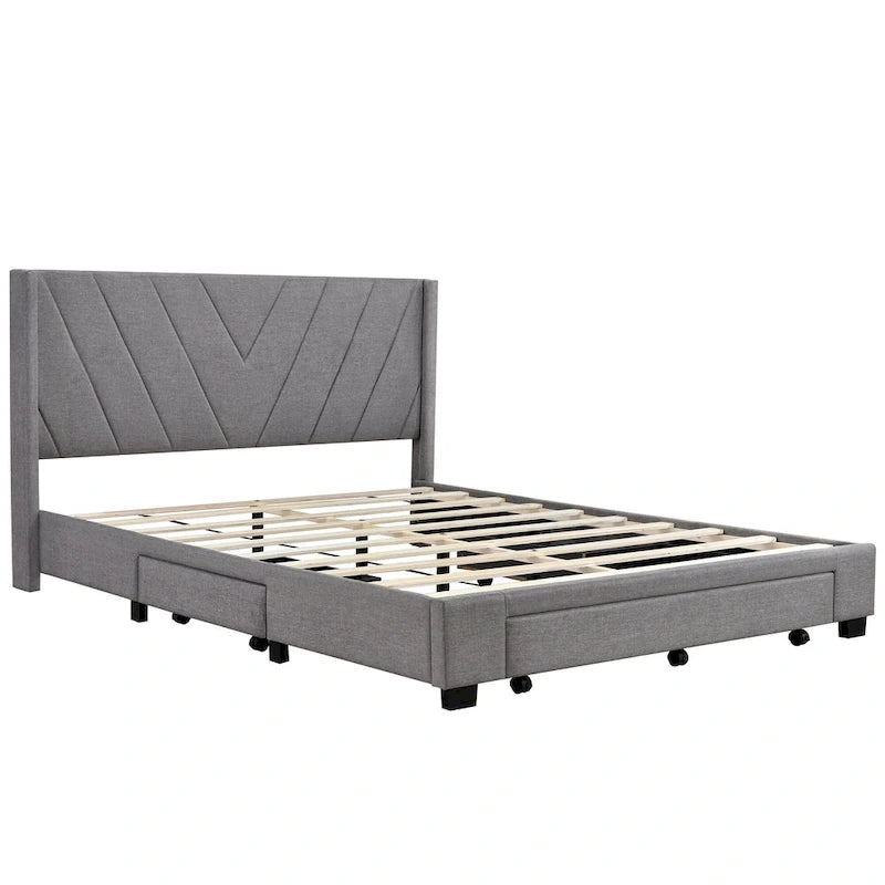 Lit traîneau Queen Size avec système de rangement hydraulique inclinable latéralement, revêtement en lin, beige