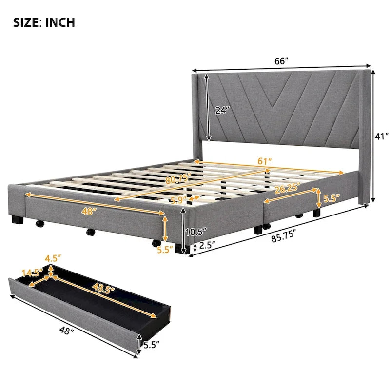 Lit traîneau Queen Size avec système de rangement hydraulique inclinable latéralement, revêtement en lin, beige