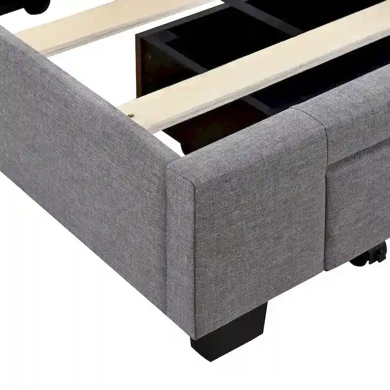 Lit traîneau Queen Size avec système de rangement hydraulique inclinable latéralement, revêtement en lin, beige