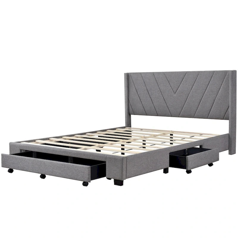 Lit traîneau Queen Size avec système de rangement hydraulique inclinable latéralement, revêtement en lin, beige