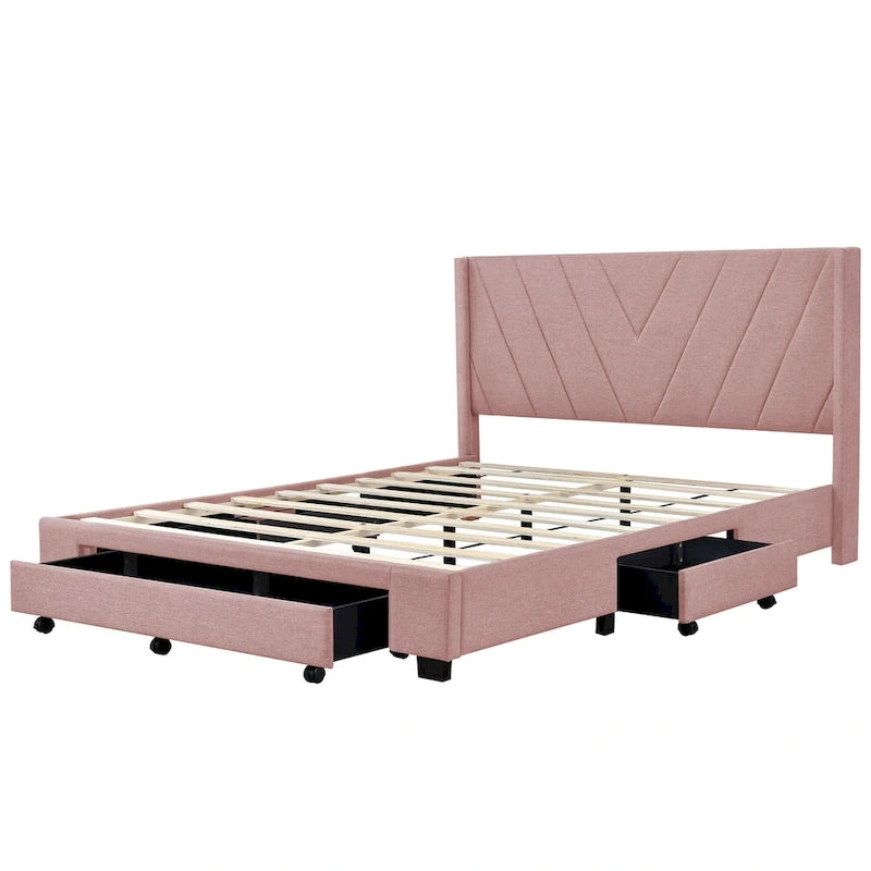 Lit traîneau Queen Size avec système de rangement hydraulique inclinable latéralement, revêtement en lin, beige