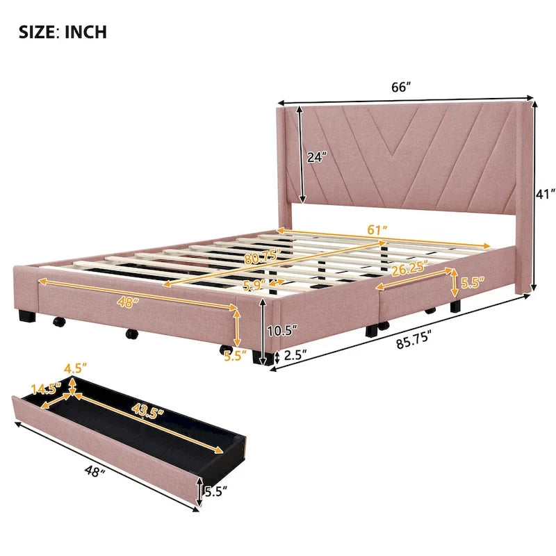 Lit traîneau Queen Size avec système de rangement hydraulique inclinable latéralement, revêtement en lin, beige
