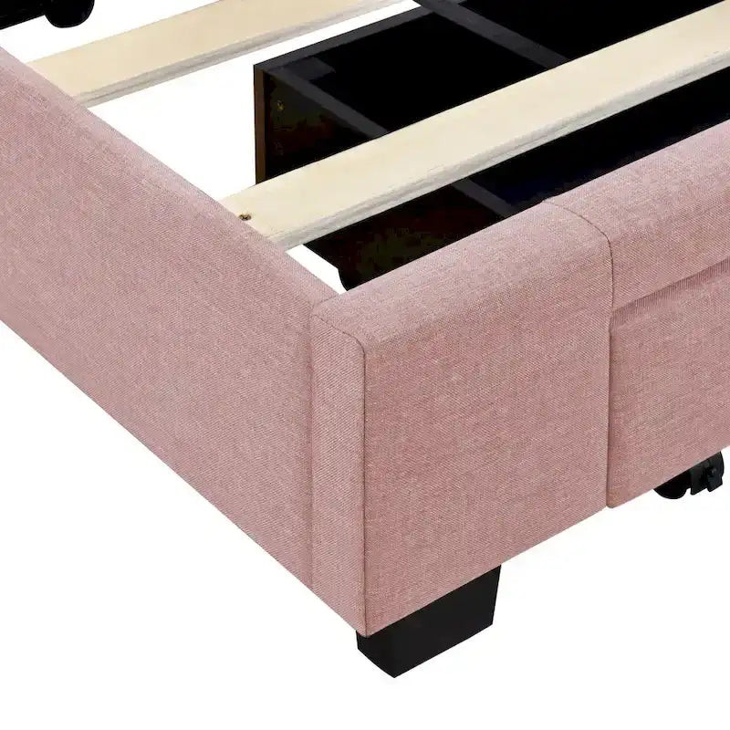 Lit traîneau Queen Size avec système de rangement hydraulique inclinable latéralement, revêtement en lin, beige
