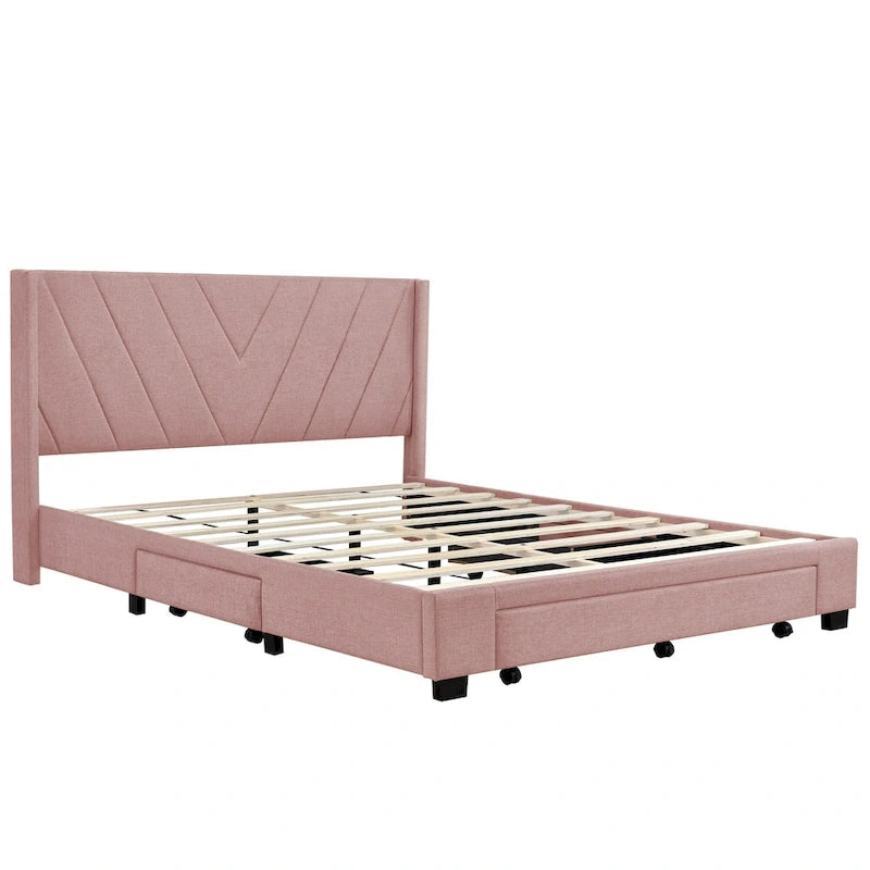 Lit traîneau Queen Size avec système de rangement hydraulique inclinable latéralement, revêtement en lin, beige