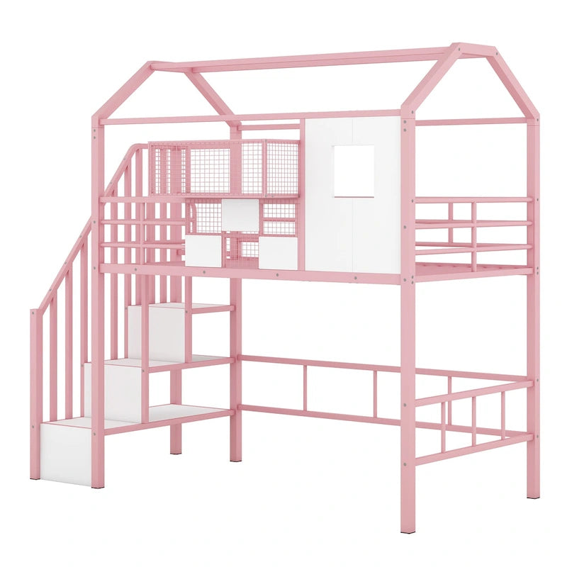 Lit mezzanine en métal avec toit et coffre de rangement, Lit simple, Noir