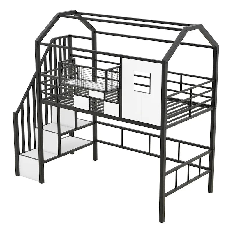 Lit mezzanine en métal avec toit et coffre de rangement, Lit simple, Noir