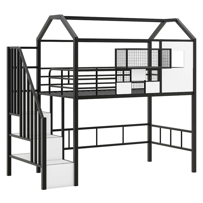 Lit mezzanine en métal avec toit et coffre de rangement, Lit simple, Noir