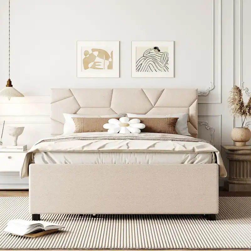 Lit plateforme rembourré pleine grandeur avec tête de lit motif brique et lit gigogne double, tissu de lin, beige