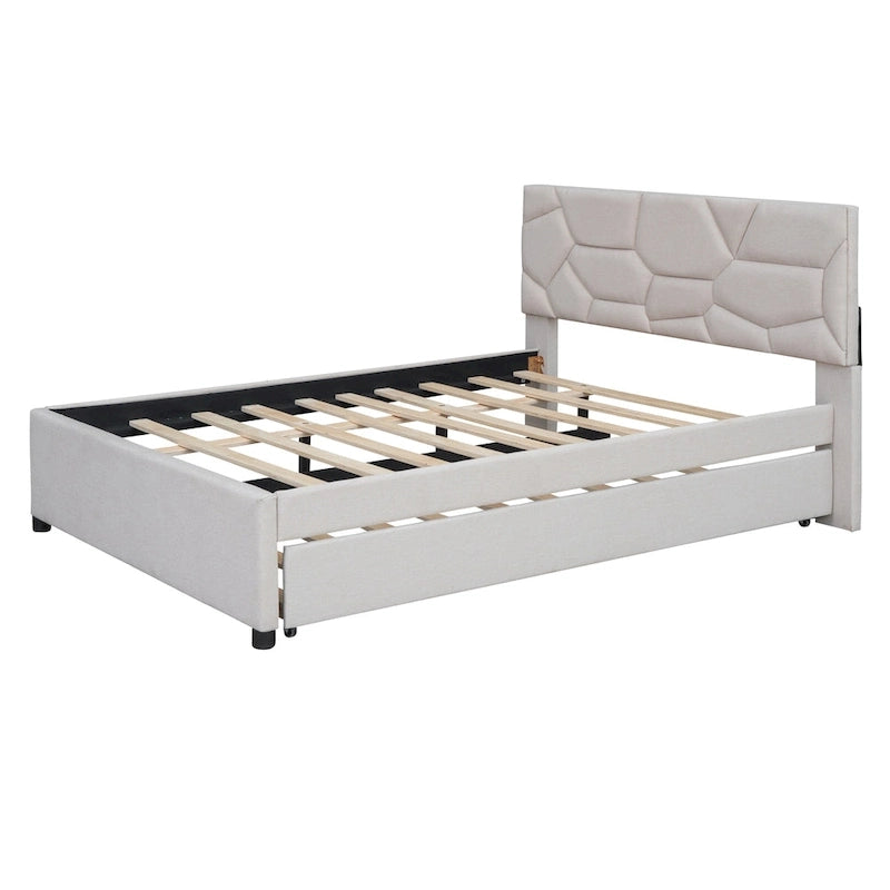 Lit plateforme rembourré pleine grandeur avec tête de lit motif brique et lit gigogne double, tissu de lin, beige
