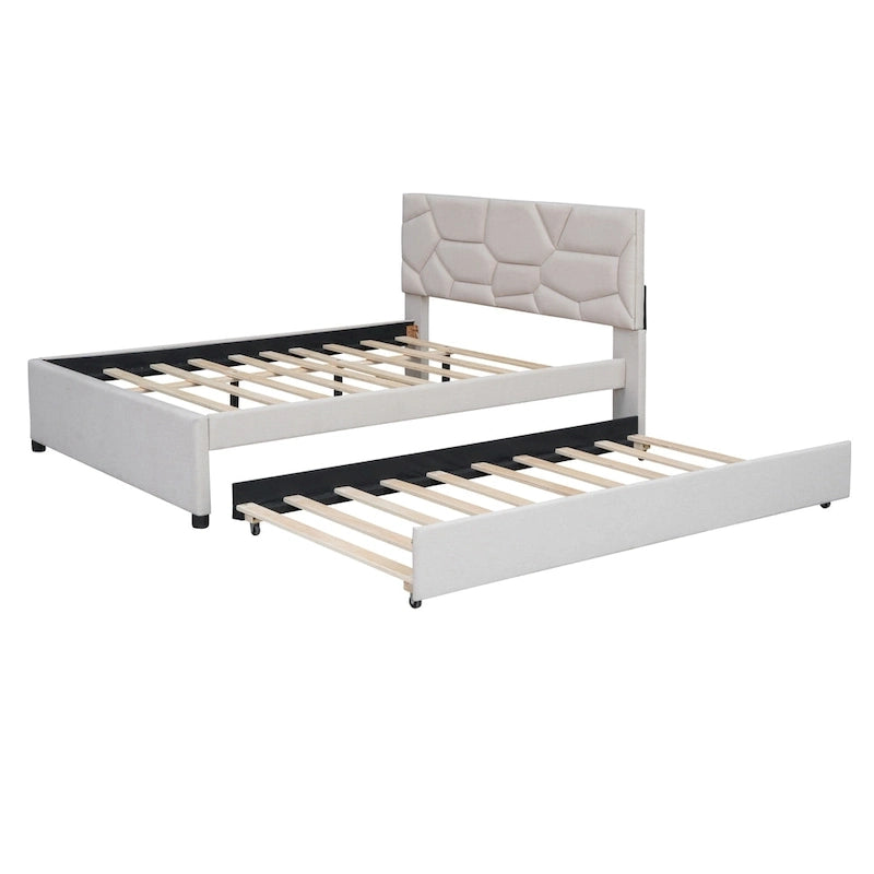 Lit plateforme rembourré pleine grandeur avec tête de lit motif brique et lit gigogne double, tissu de lin, beige