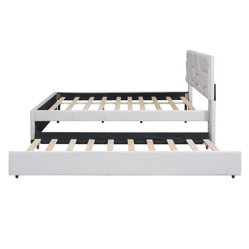 Lit plateforme rembourré pleine grandeur avec tête de lit motif brique et lit gigogne double, tissu de lin, beige
