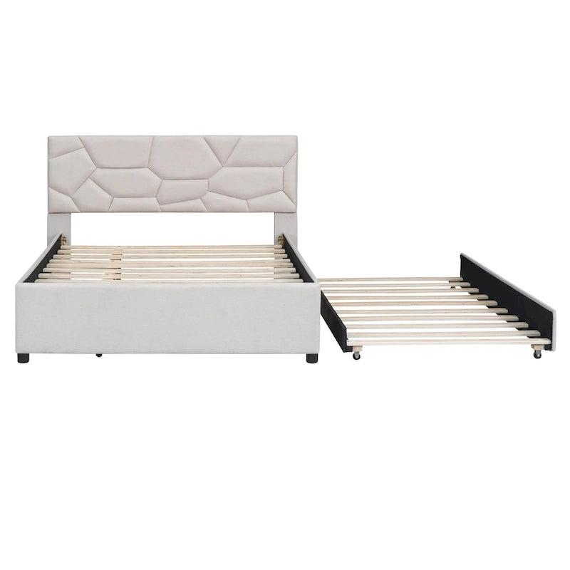 Lit plateforme rembourré pleine grandeur avec tête de lit motif brique et lit gigogne double, tissu de lin, beige