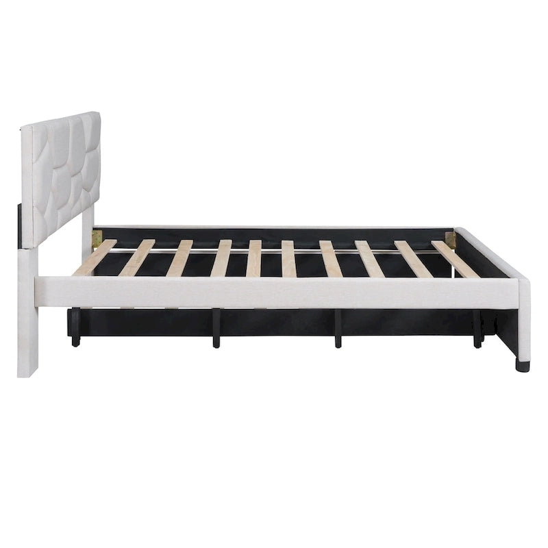 Lit plateforme rembourré pleine grandeur avec tête de lit motif brique et lit gigogne double, tissu de lin, beige