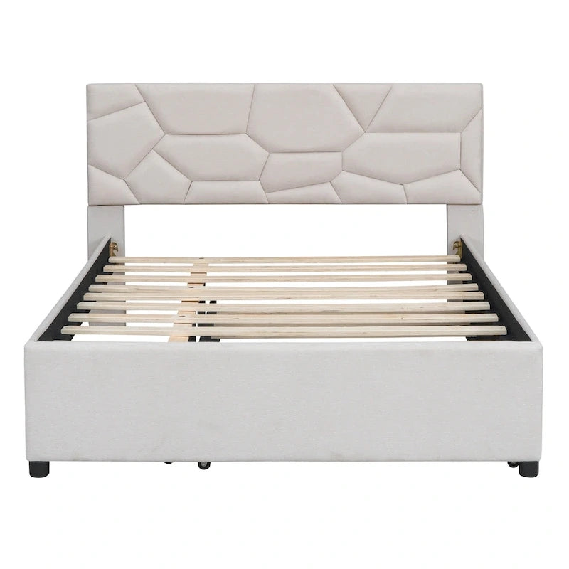 Lit plateforme rembourré pleine grandeur avec tête de lit motif brique et lit gigogne double, tissu de lin, beige