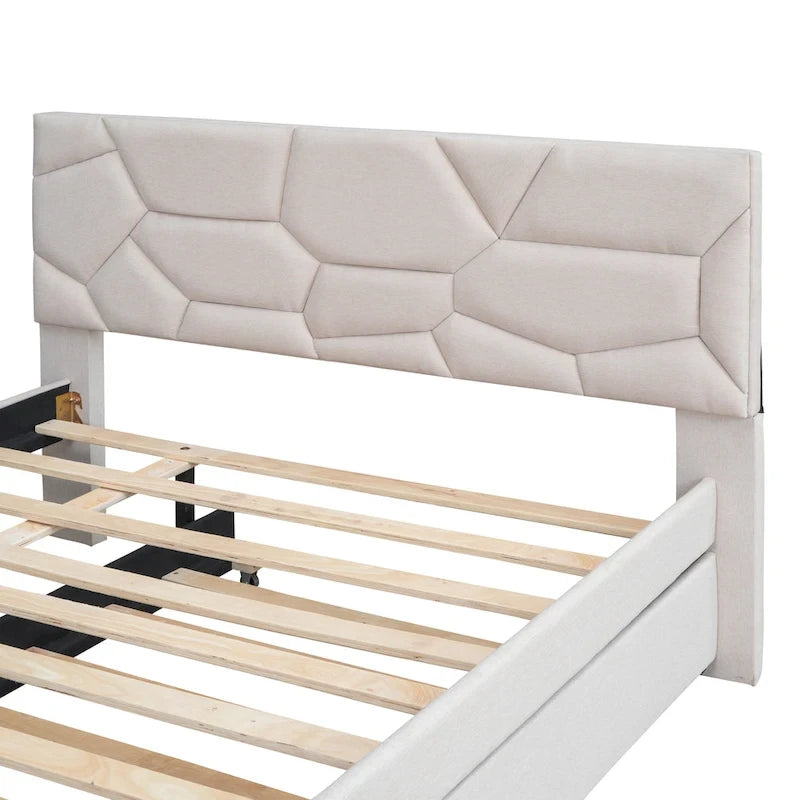 Lit plateforme rembourré pleine grandeur avec tête de lit motif brique et lit gigogne double, tissu de lin, beige