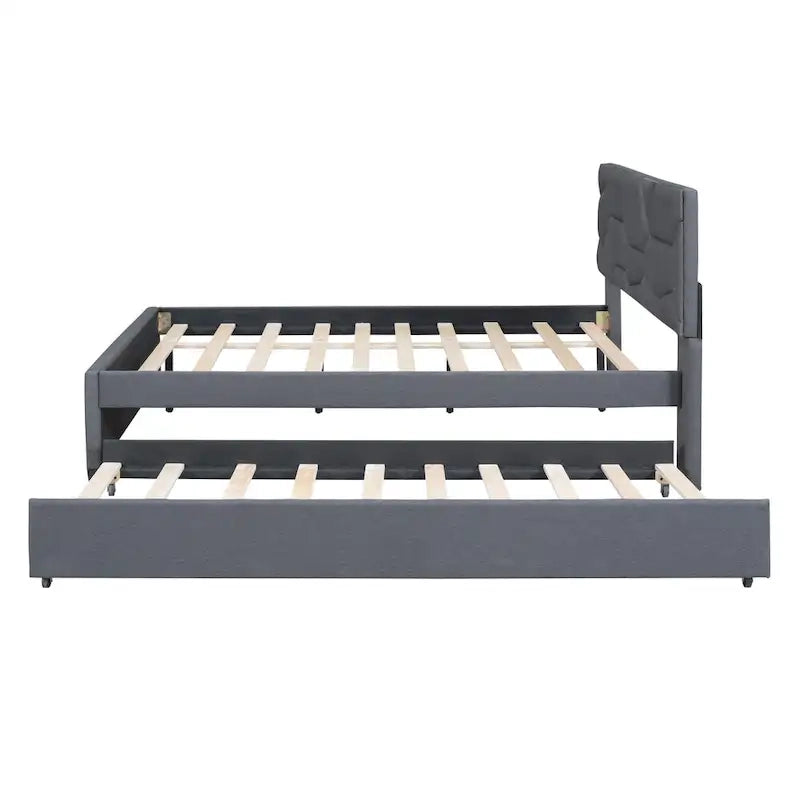 Lit plateforme rembourré pleine grandeur avec tête de lit motif brique et lit gigogne double, tissu de lin, beige