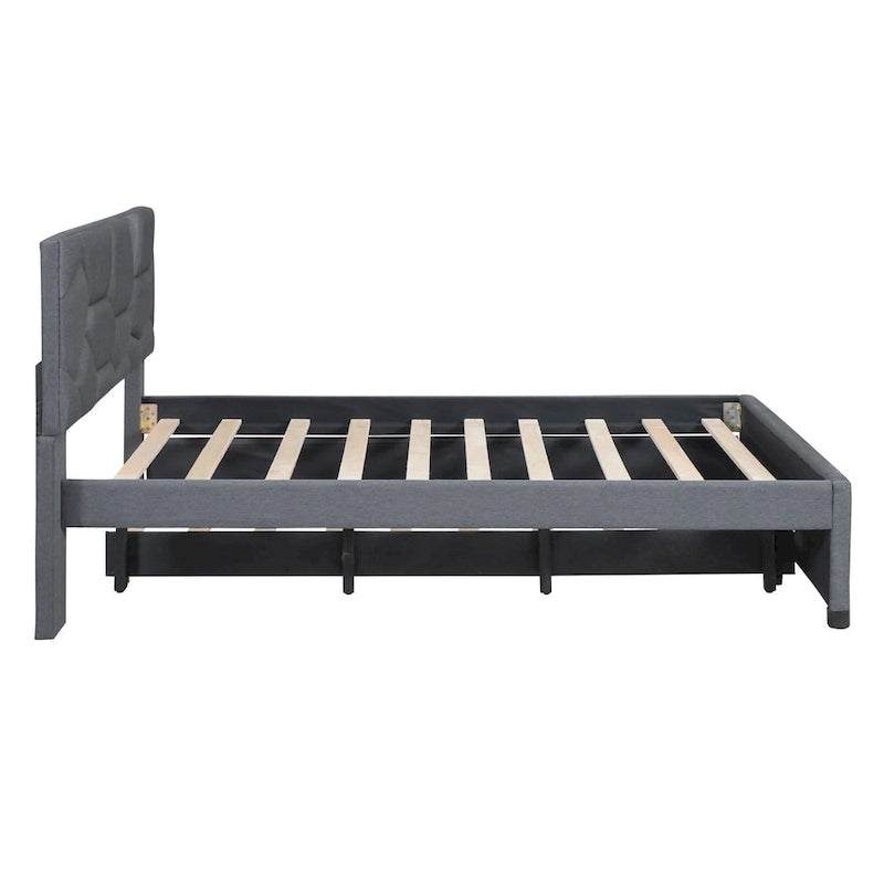 Lit plateforme rembourré pleine grandeur avec tête de lit motif brique et lit gigogne double, tissu de lin, beige