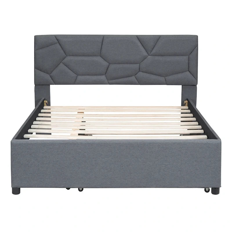 Lit plateforme rembourré pleine grandeur avec tête de lit motif brique et lit gigogne double, tissu de lin, beige