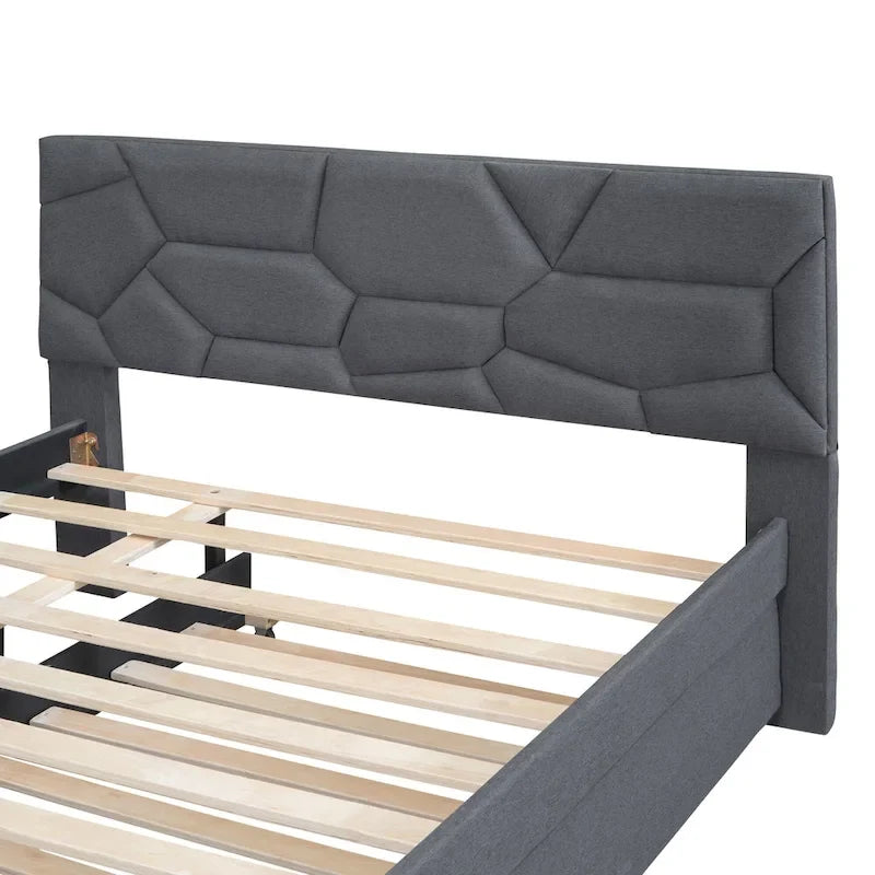Lit plateforme rembourré pleine grandeur avec tête de lit motif brique et lit gigogne double, tissu de lin, beige