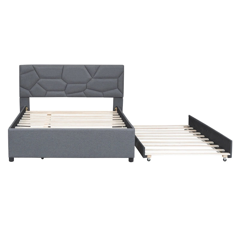 Lit plateforme rembourré pleine grandeur avec tête de lit motif brique et lit gigogne double, tissu de lin, beige