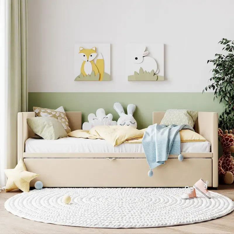 Lit de repos capitonné simple avec lit gigogne escamotable, Beige