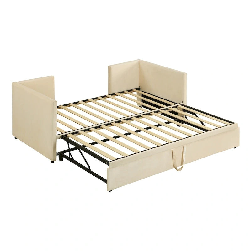 Lit de repos capitonné simple avec lit gigogne escamotable, Beige