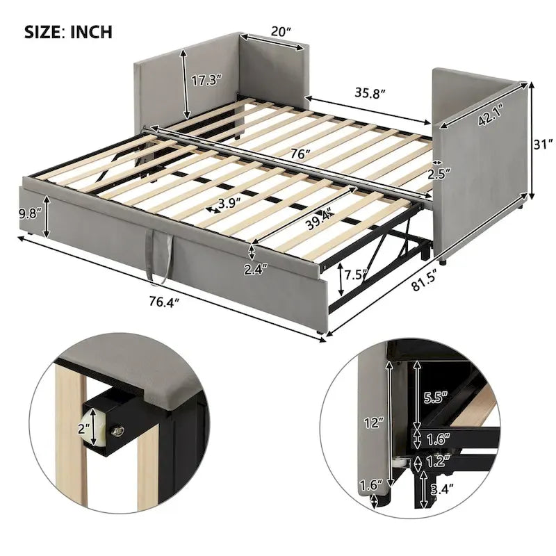 Lit de repos capitonné simple avec lit gigogne escamotable, Beige