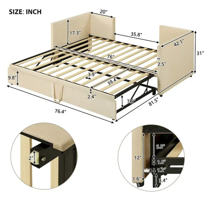 Lit de repos capitonné simple avec lit gigogne escamotable, Beige