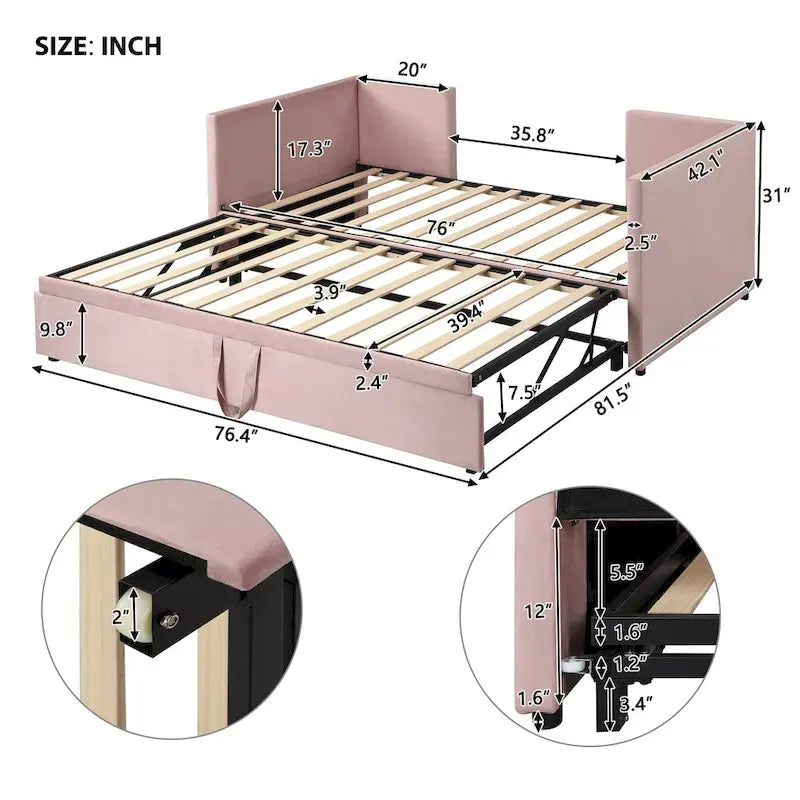 Lit de repos capitonné simple avec lit gigogne escamotable, Beige
