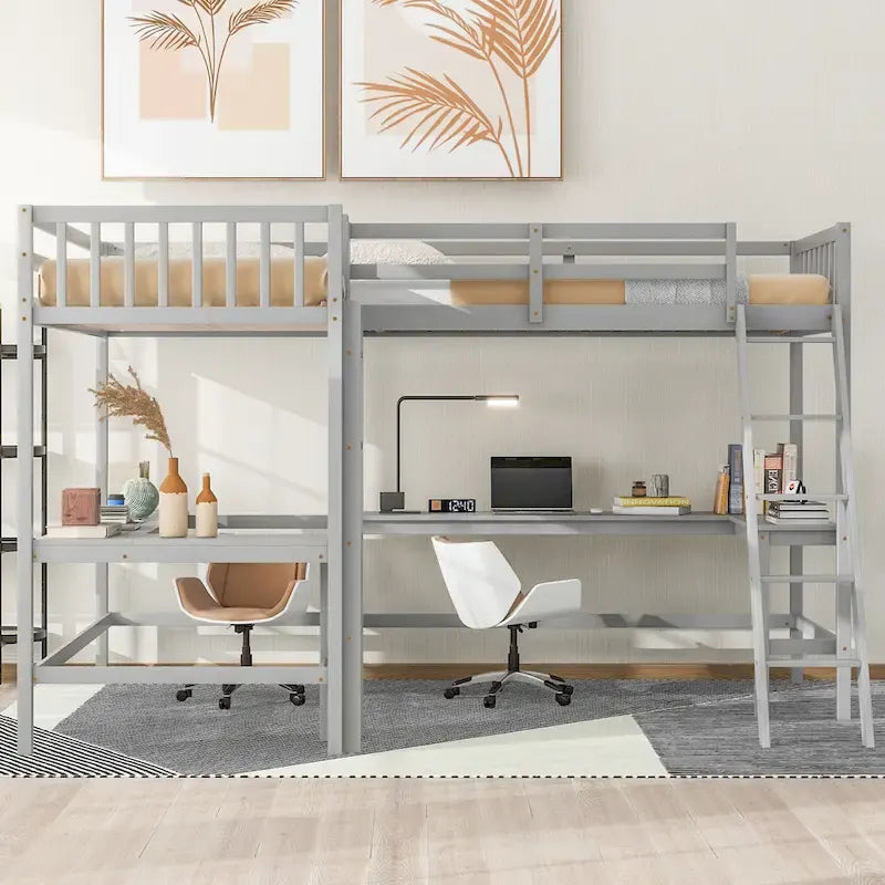 Lit mezzanine d'angle en bois, taille double, avec échelle et 2 bureaux d'angle intégrés, gris