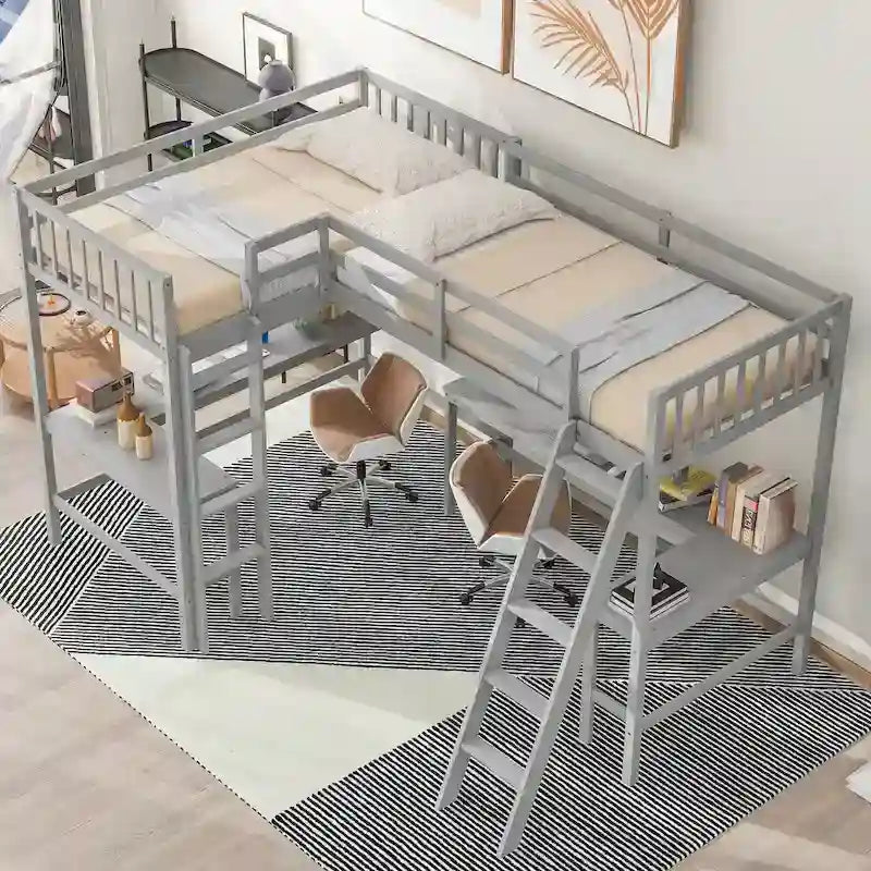 Lit mezzanine d'angle en bois, taille double, avec échelle et 2 bureaux d'angle intégrés, gris