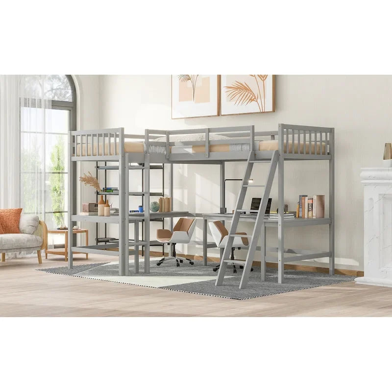 Lit mezzanine d'angle en bois, taille double, avec échelle et 2 bureaux d'angle intégrés, gris