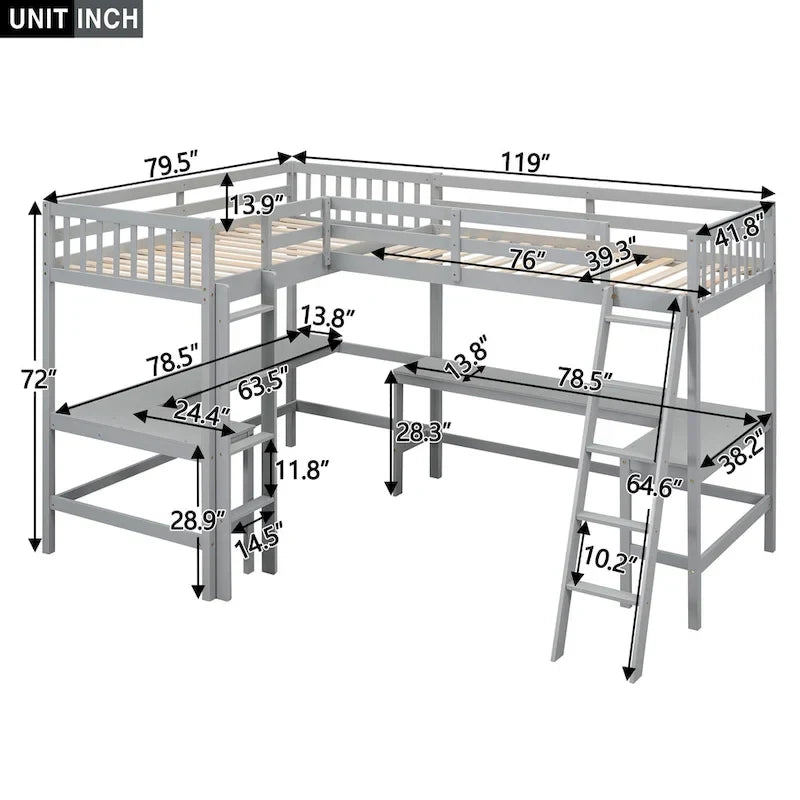 Lit mezzanine d'angle en bois, taille double, avec échelle et 2 bureaux d'angle intégrés, gris