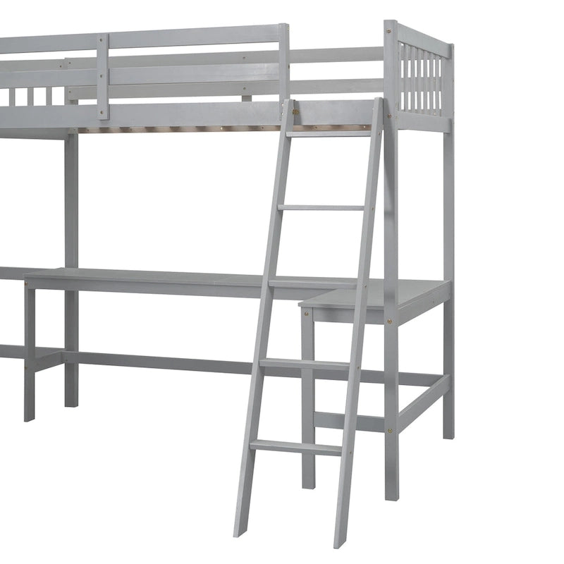 Lit mezzanine d'angle en bois, taille double, avec échelle et 2 bureaux d'angle intégrés, gris