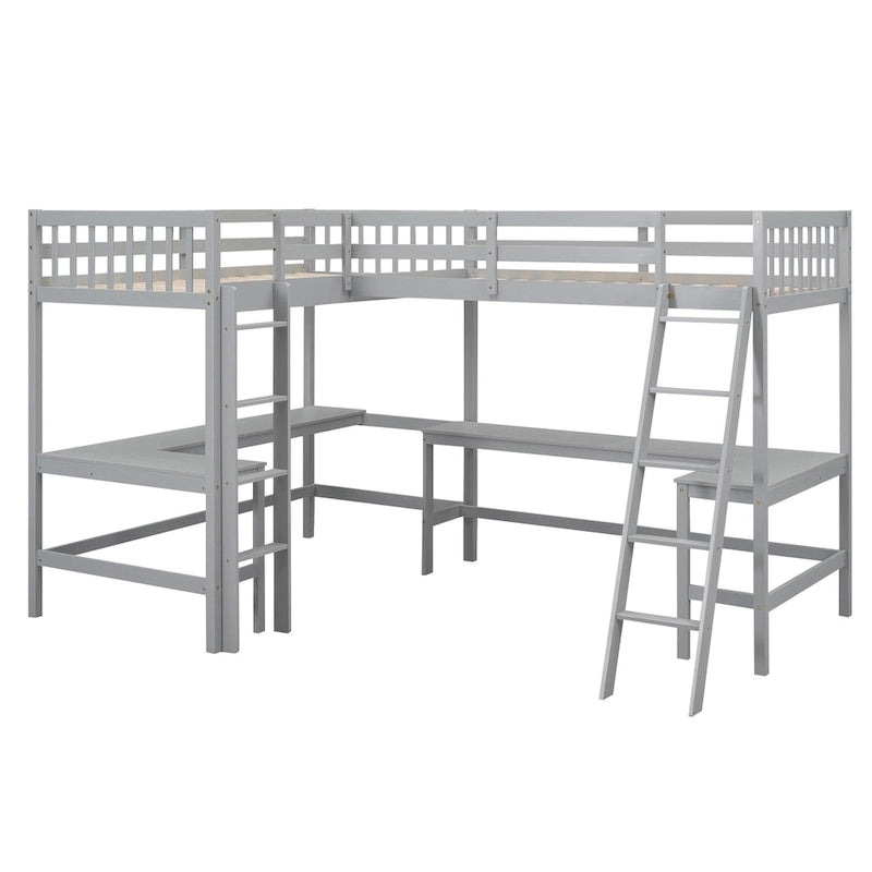 Lit mezzanine d'angle en bois, taille double, avec échelle et 2 bureaux d'angle intégrés, gris