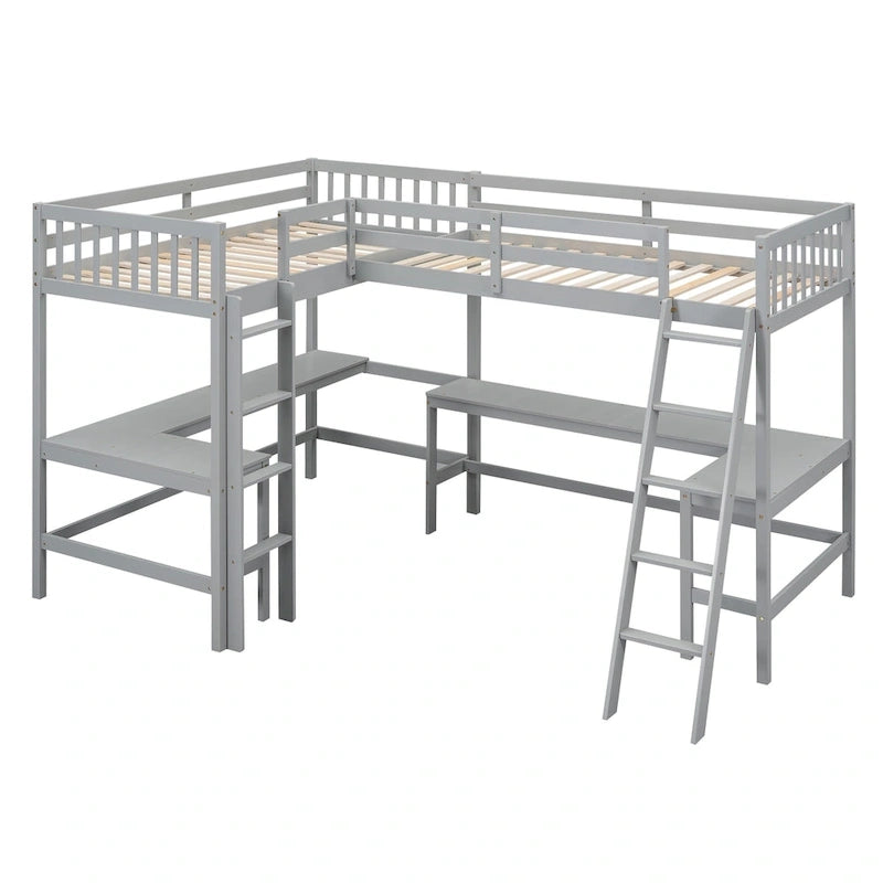 Lit mezzanine d'angle en bois, taille double, avec échelle et 2 bureaux d'angle intégrés, gris