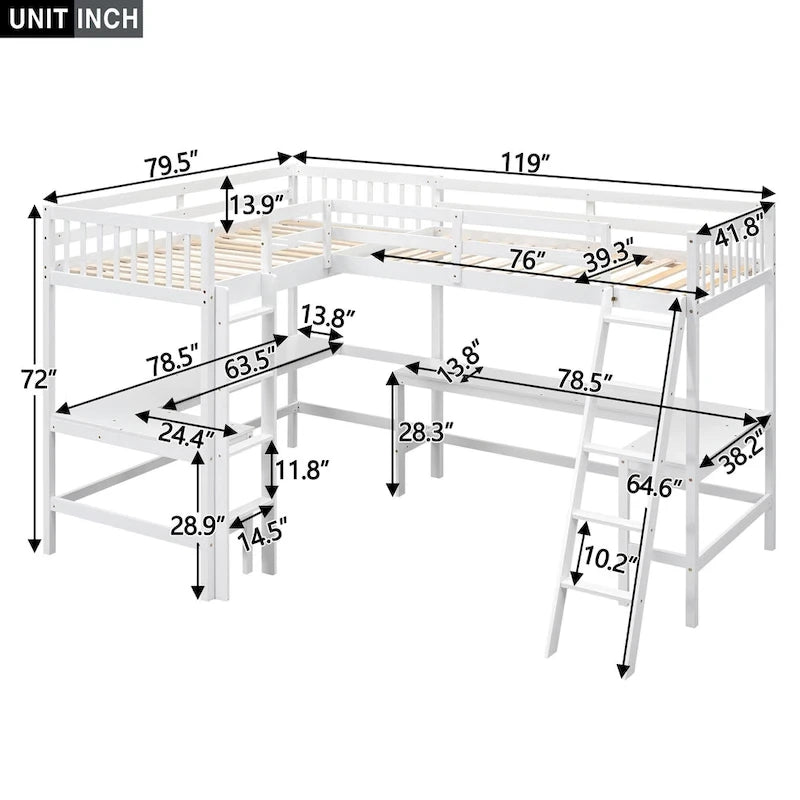 Lit mezzanine d'angle en bois, taille double, avec échelle et 2 bureaux d'angle intégrés, gris