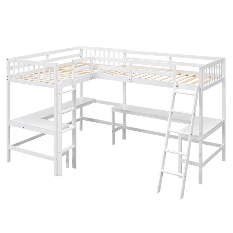 Lit mezzanine d'angle en bois, taille double, avec échelle et 2 bureaux d'angle intégrés, gris