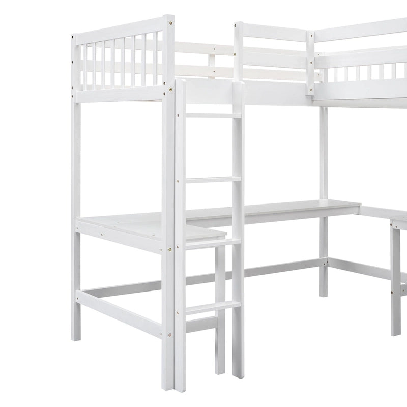 Lit mezzanine d'angle en bois, taille double, avec échelle et 2 bureaux d'angle intégrés, gris