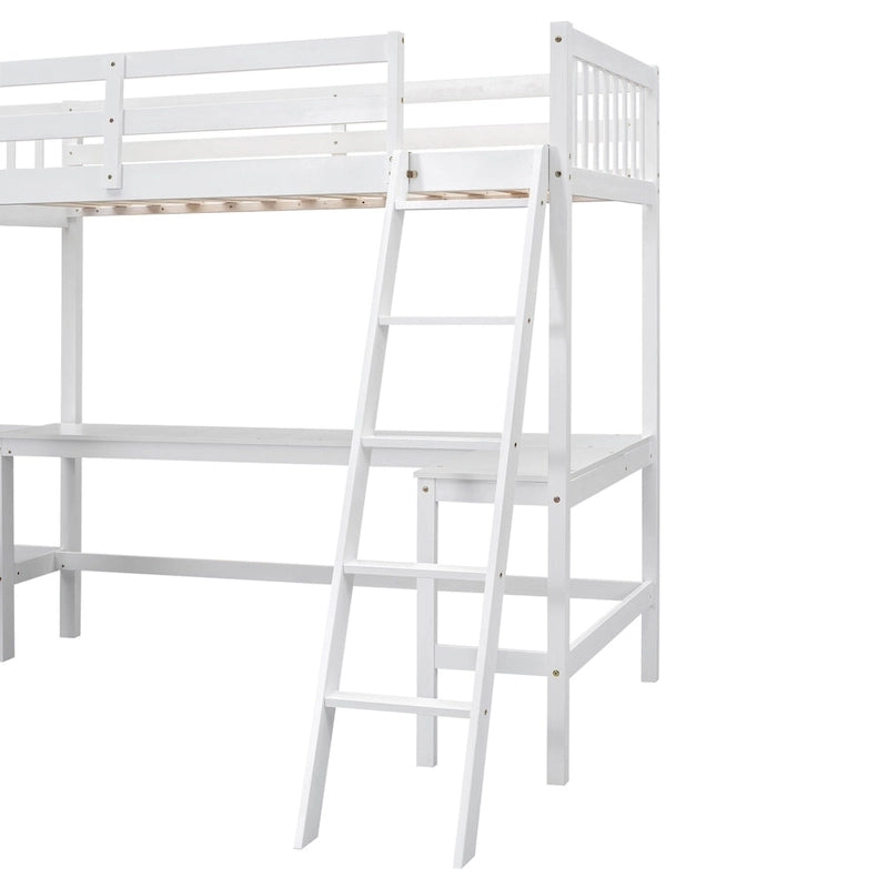 Lit mezzanine d'angle en bois, taille double, avec échelle et 2 bureaux d'angle intégrés, gris