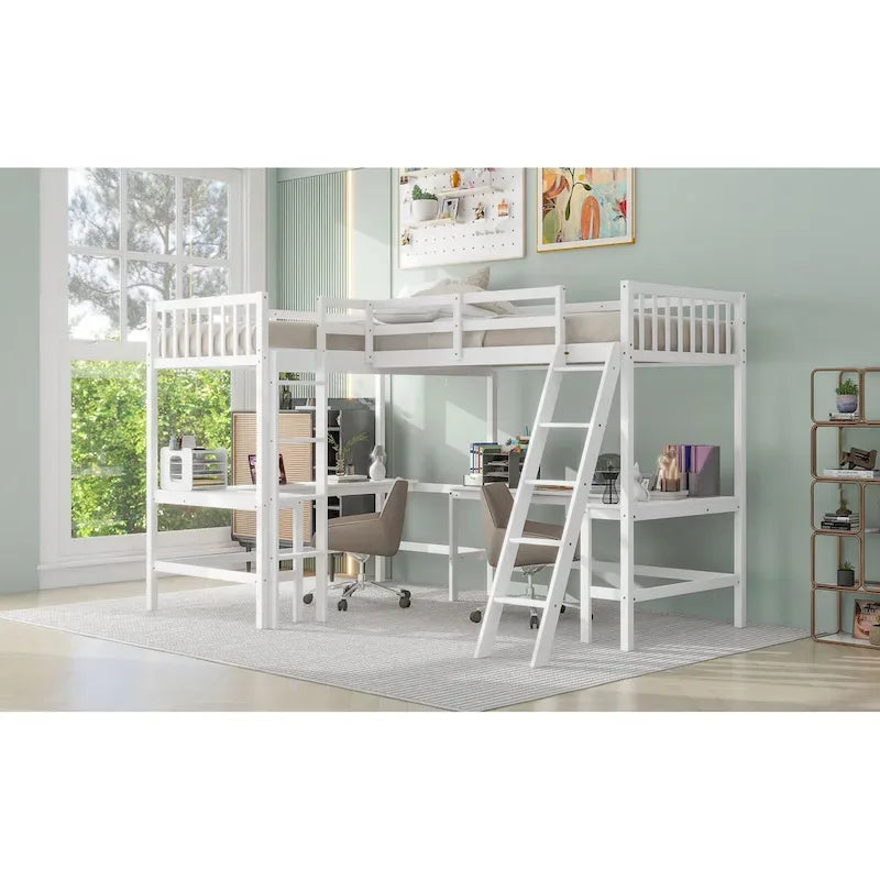 Lit mezzanine d'angle en bois, taille double, avec échelle et 2 bureaux d'angle intégrés, gris