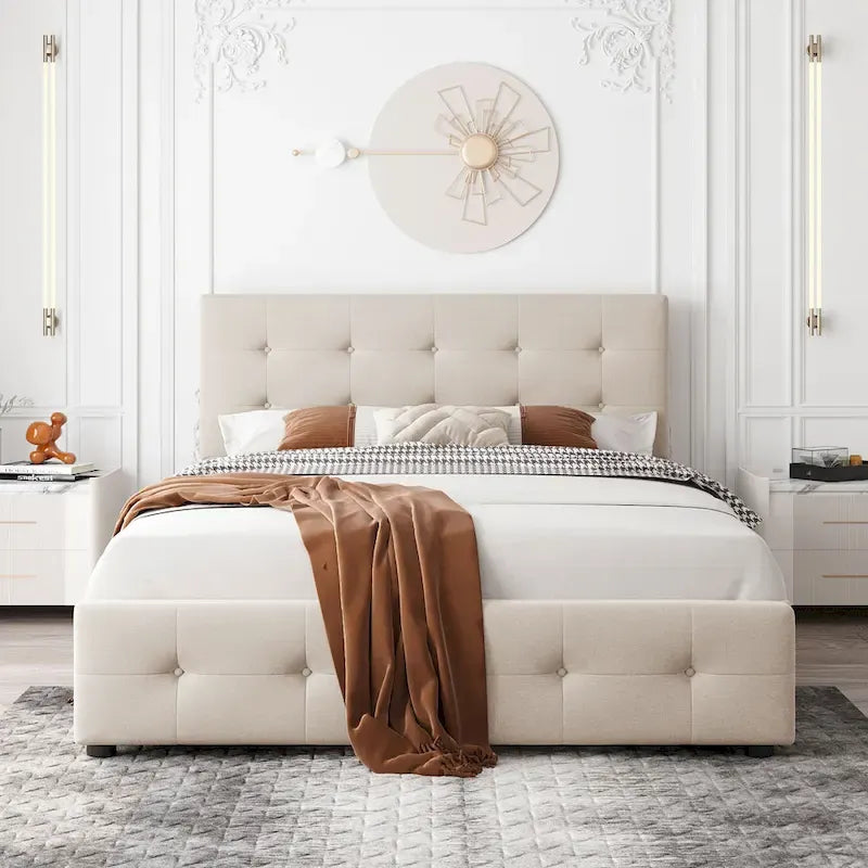 Lit plateforme rembourré avec tête de lit classique et 4 tiroirs, aucun sommier tapissier requis, tissu en lin