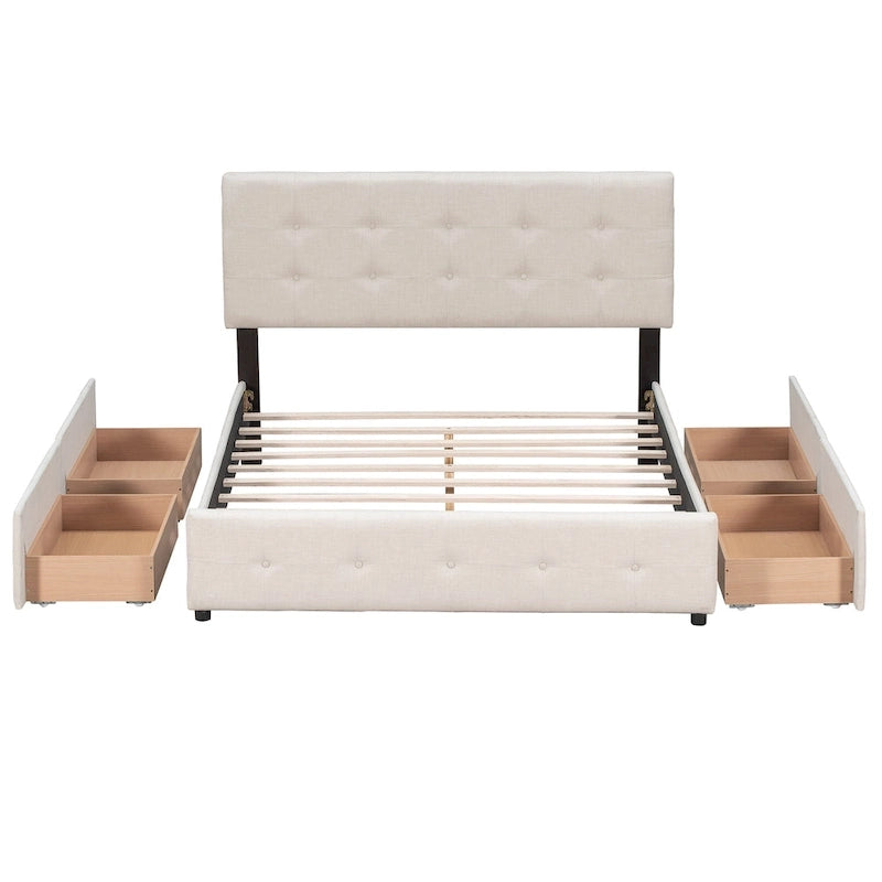 Lit plateforme rembourré avec tête de lit classique et 4 tiroirs, aucun sommier tapissier requis, tissu en lin