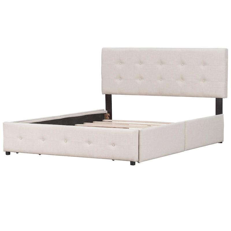 Lit plateforme rembourré avec tête de lit classique et 4 tiroirs, aucun sommier tapissier requis, tissu en lin