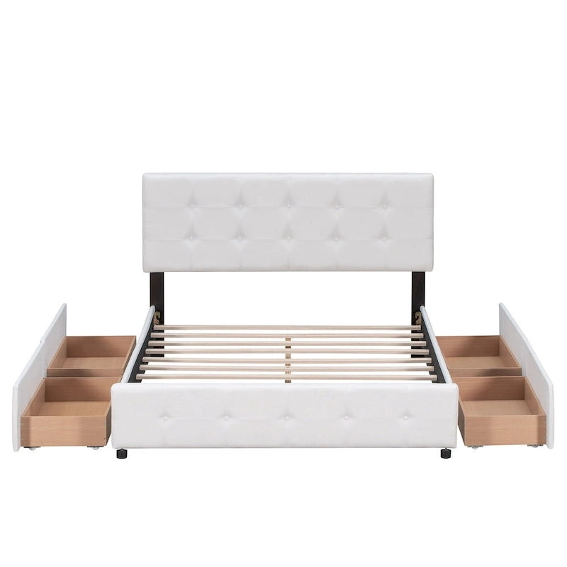 Lit plateforme rembourré avec tête de lit classique et 4 tiroirs, aucun sommier tapissier requis, tissu en lin